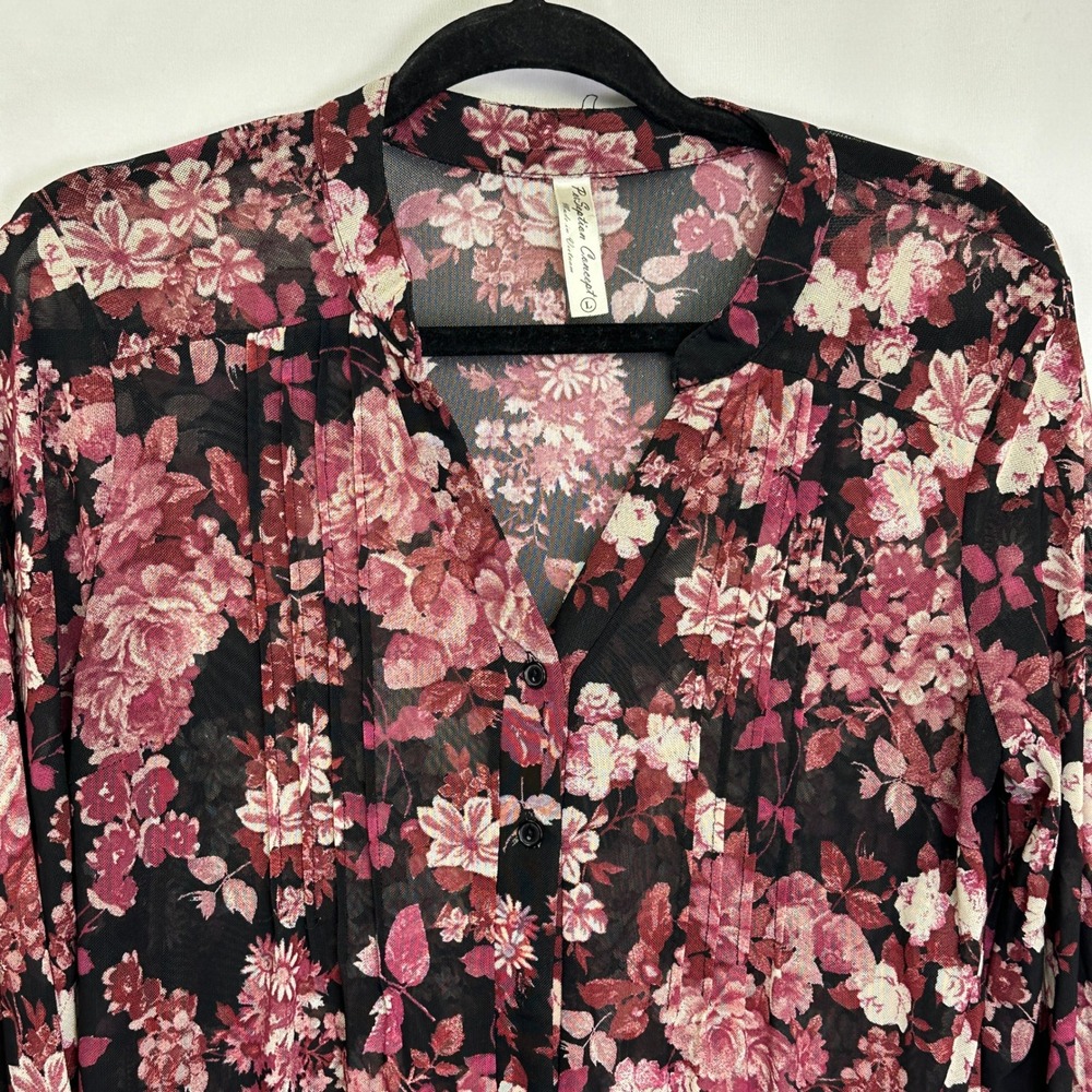 Floral Mesh Tunic‎ Blouse Black Pink Boho Romantic Whimsigoth Sheer Cottagecore